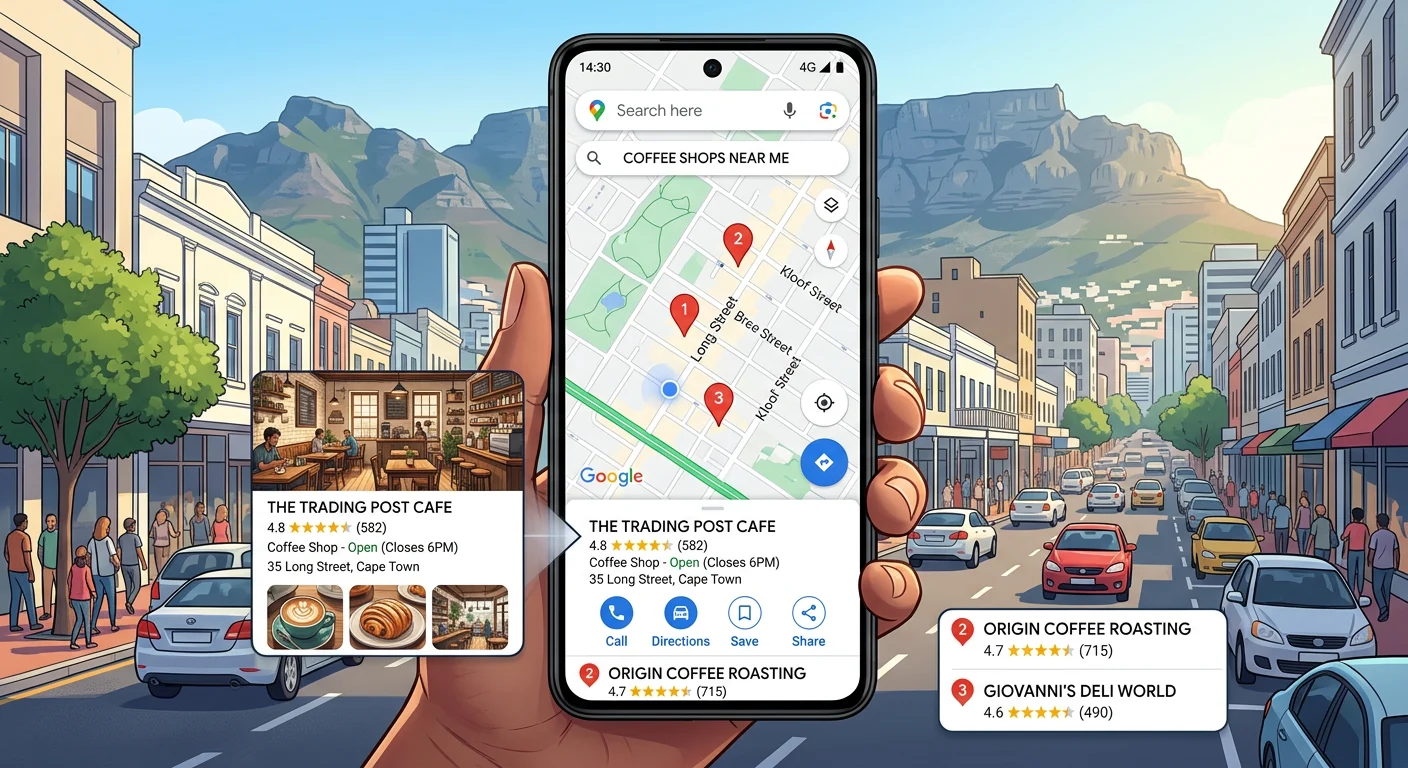 Local SEO in South Africa: The Complete Guide — 2026. Smartphone showing Google Maps local search results for South African businesses in a suburb