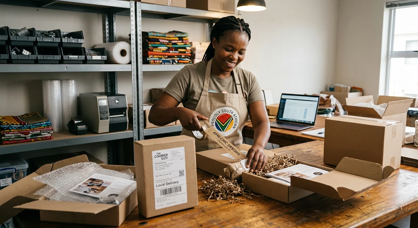 South African small business owner packing online orders for courier collection in a home workspace