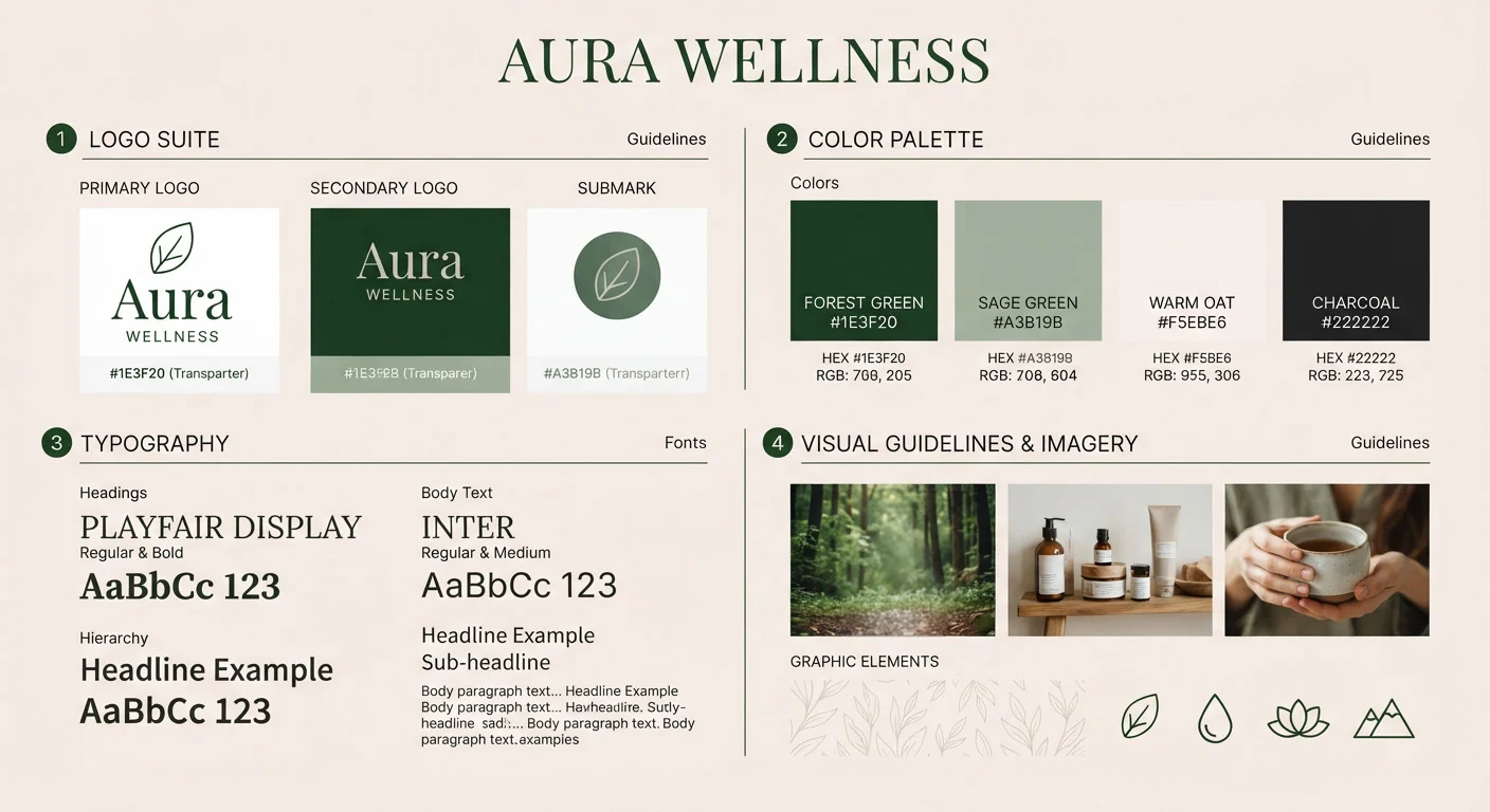 Brand kit layout showing logo variations, colour palette swatches and typography samples for a South African business
