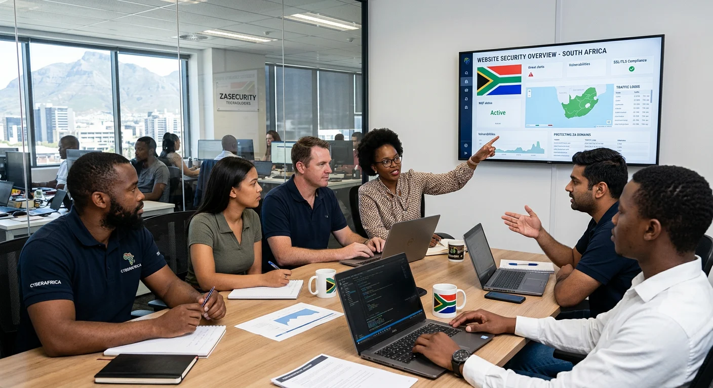 Laptop displaying a WordPress security dashboard with update and backup status for a South African business website
